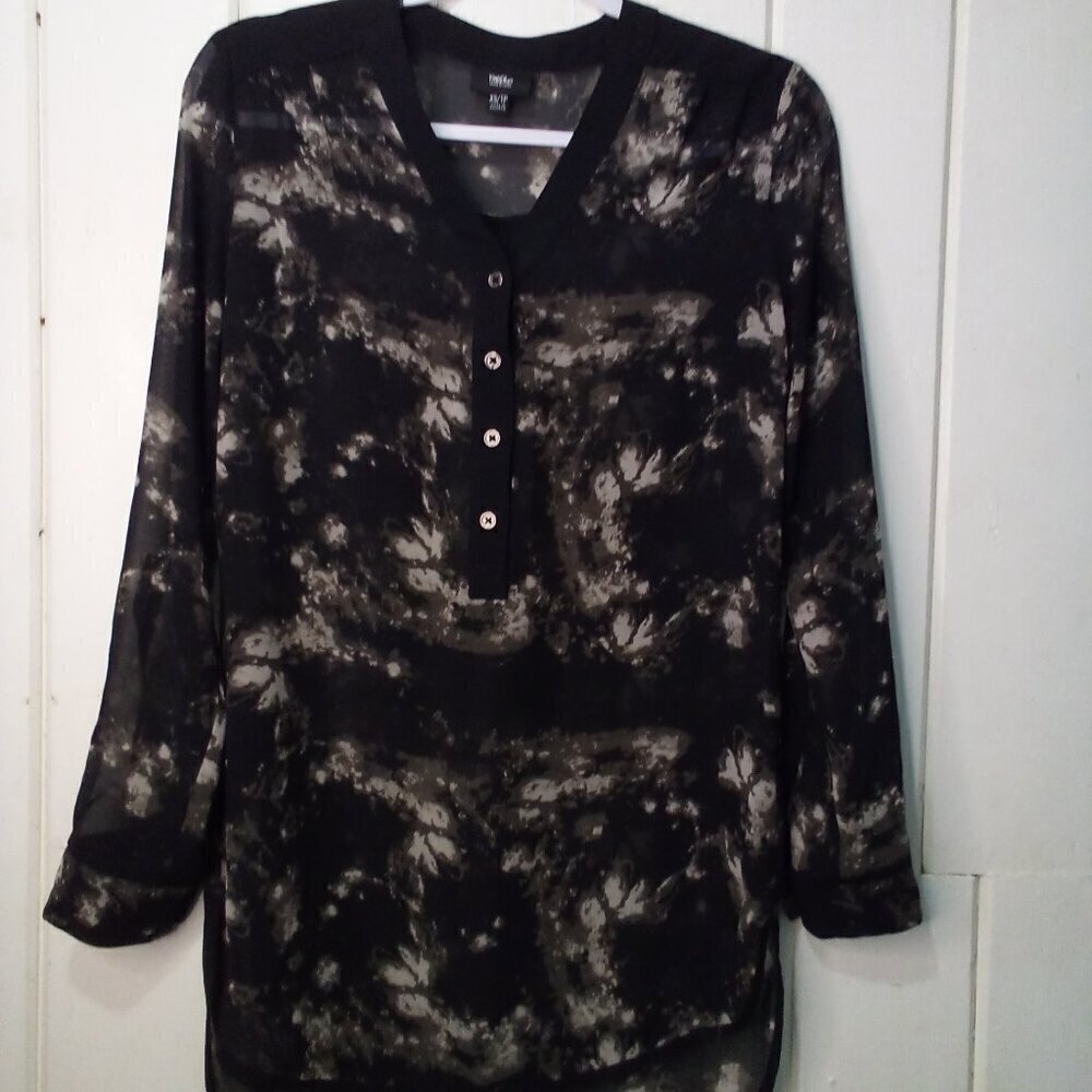 Mossimo Blouse Women XS Long Sleeve Sheer Pattern Black Gray